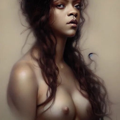 Prompt: beautiful striking Pre-Raphaelite Rihanna by Artgerm and Greg Rutkowski, pale, intricate, elegant, highly detailed, digital painting