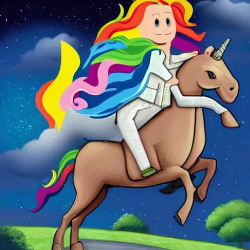 Image similar to wesley crusher riding a unicorn into battle