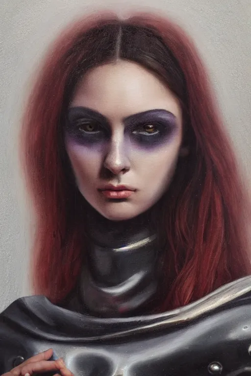 Image similar to hyperrealism oil painting, close - up portrait of european medieval brunette vampire fashion model, knight, steel gradient mixed with nebula sky, in style of baroque