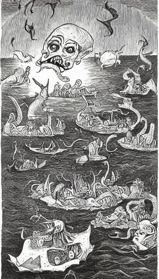 Image similar to man on boat crossing a body of water in hell with creatures in the water, sea of souls, by charles addams