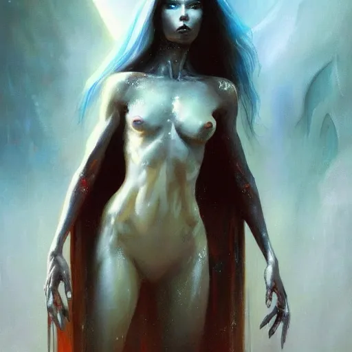 Image similar to an acrylic on canvas portrait painting of a beautiful alien priestess by Greg Rutkowski, Artgerm and Beksinski. Epic fantasy art.