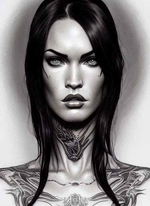 Image similar to symmetry!! gantz portrait of megan fox as a tattoo model, unholy, intricate, highly detailed, dynamic lighting, digital art, digital painting, artstation, terence nielsen, sharp focus, illustration, art by artgerm and greg rutkowski and moebius, 8 k