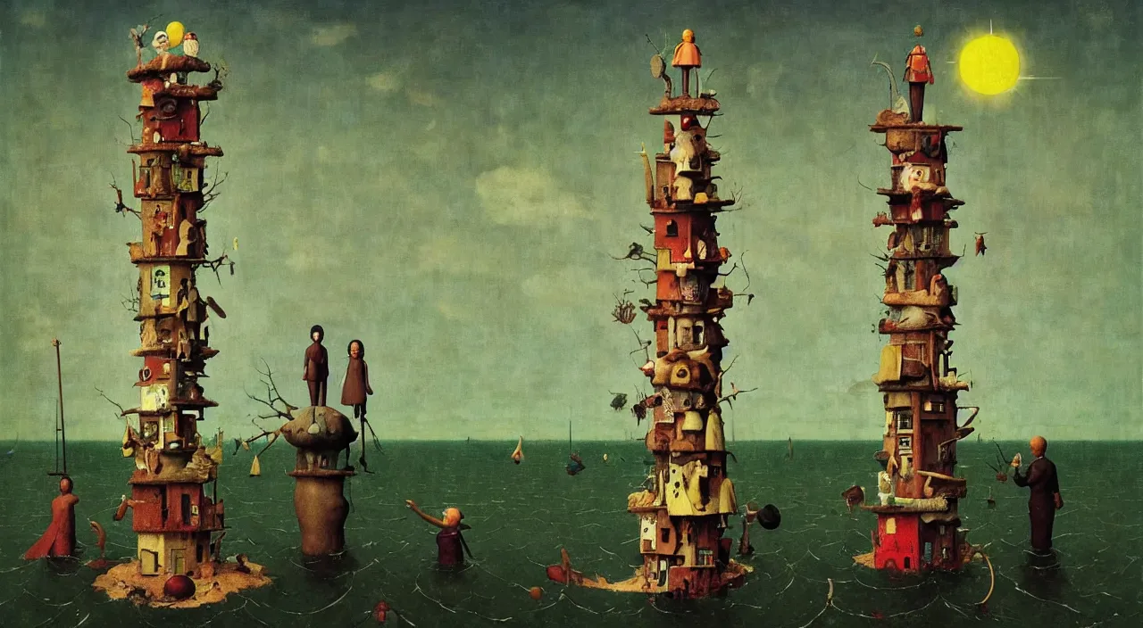 Image similar to single flooded simple!! doll tower totem!! pole, very coherent and colorful high contrast masterpiece by norman rockwell franz sedlacek hieronymus bosch dean ellis simon stalenhag rene magritte gediminas pranckevicius, dark shadows, sunny day, hard lighting