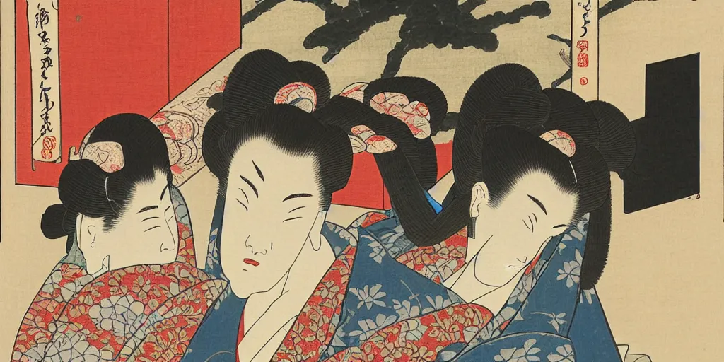 Image similar to ukiyo - e woodblock print of a geisha and a samurai inside a bedroom, by hokusai