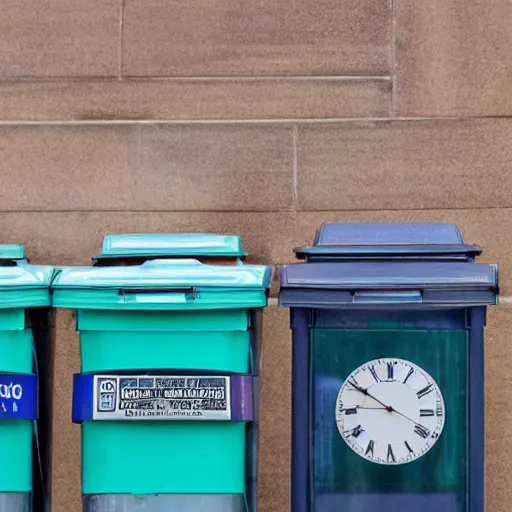 Image similar to recycling bins full of clocks on the street 4 k realistic