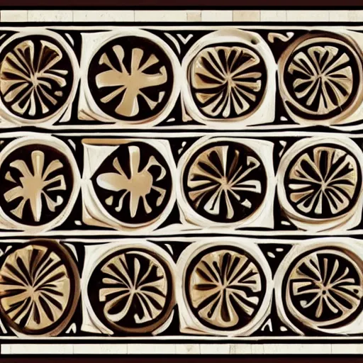 Image similar to a modern cup of steaming hot coffee. seen from the side. in the style of an old greek mosaic. intricate design.