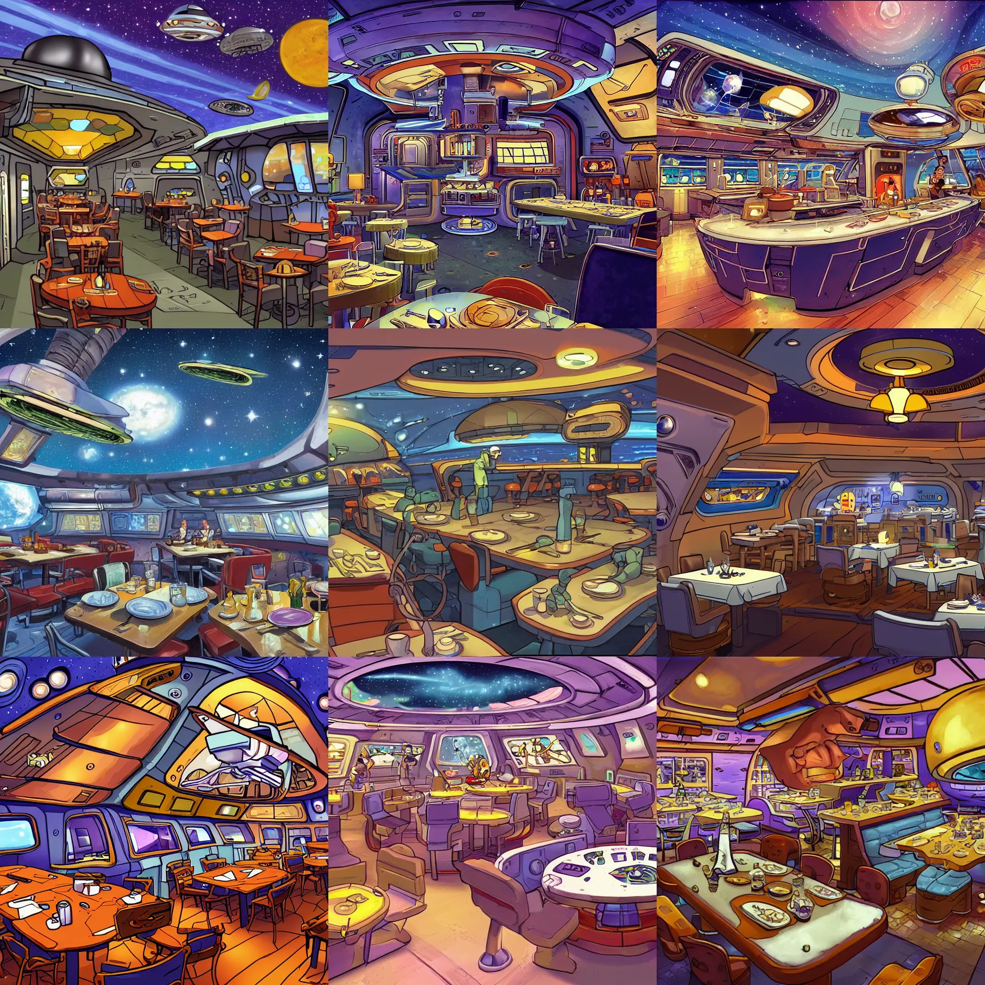 Prompt: the officer's restaurant onboard a spaceship, from a space themed lucasarts point and click 2 d graphic adventure game, art inspired by thomas kinkade