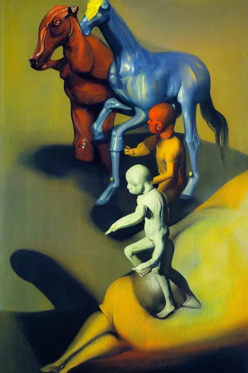 Prompt: astronaut carrying baby horse, hauntingly surreal, highly detailed painting by francis bacon, edward hopper, adrian ghenie, gerhard richter, and james jean soft light 4 k,