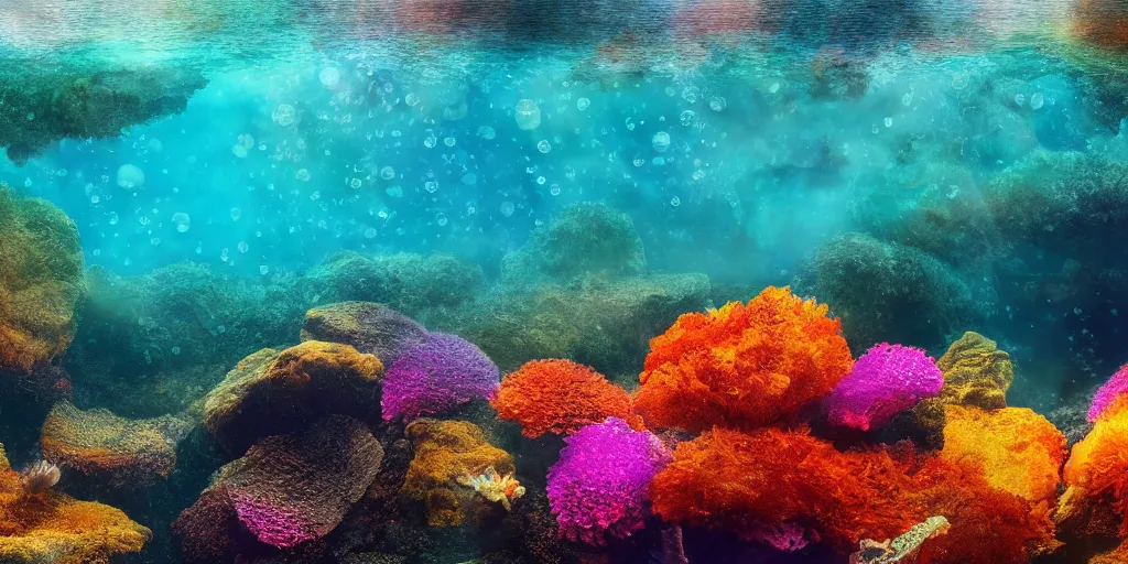 Prompt: ultra realistic underwater photography, panoramic picture of a river with large brightly colourful fish. lots of bubbles. seaweed and some rocks. gloomy scattered light entering from the water surface, artstation, 8 k