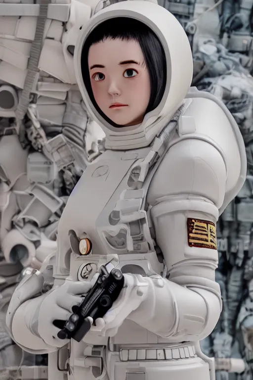 Image similar to Kodak portra 160, 8K, highly detailed, seinen manga 3/4 closeup portrait, eye contact, focus on anti-g flight suit, tilt shift background: famous french artist in moebius anime remake, aircraft carrier scene