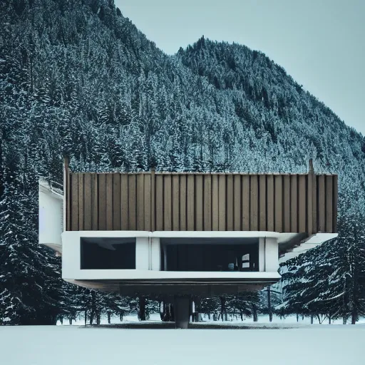 Image similar to wes anderson style modern futuristic house near the lake, snowy mountains and green forest, cinematic, realism, photo, detailed