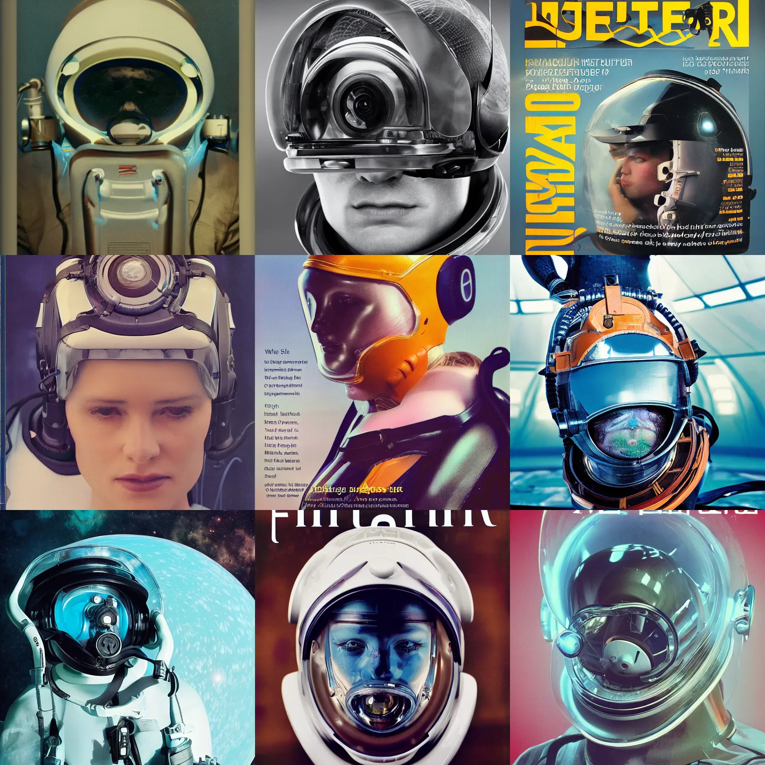 Prompt: beautiful portrait photo in style of frontiers in human deep diving helmet science fashion magazine September retrofuturism edition, highly detailed, focus on face, soft lighting