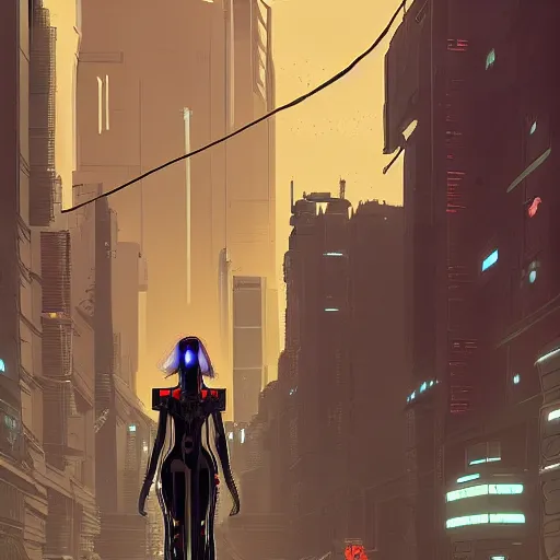 Image similar to cybertronic warrior princess with black armor walking through the streets of a dystopion city by night, cyberpunk, moebius, Jean Giraud, landscape, epic, artstation, dusk