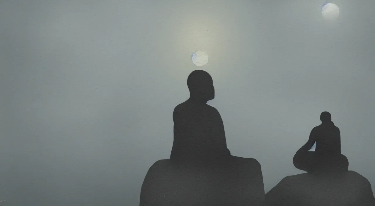 Image similar to visionary art painted style a lonely silhouette of a meditating monk sitting in the fog on a stone protruding from the water in the rays of the morning sun