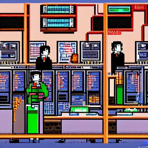 Image similar to pixel art of wallstreet office with brokers running between the bloomberg terminals, visual novel cg, 8 0 s anime vibe, vaporwave nostalgia, tsukihime, muv - luv, baldr sky, kimagure orange road, maison ikkoku, city hunter, great teacher onizuka