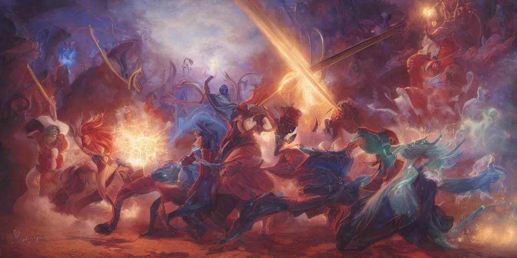 Image similar to Battle of the mages by Adrian Smith and Delphin Enjolras and Daniel F. Gerhartz