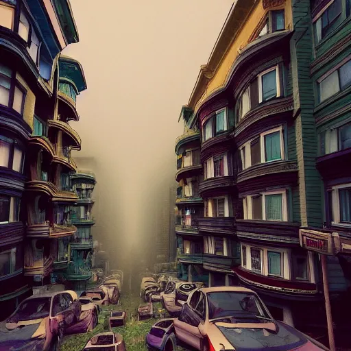 Image similar to a photograph of the painted ladies in san francisco foggy zombies artstation cyberpunk dreamscape high definition