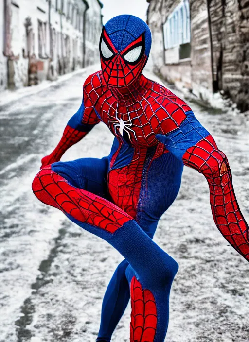 Image similar to stunning dslr photograph of ( ( ( ( granny spiderman ) ) ) ) in rural russia town, knitted suit, closeup, dynamic pose, closeup, aperture 1. 2