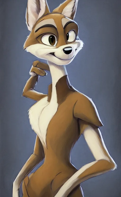 Image similar to oil painting of detailed full body of anthromorphic female wolf, in style of zootopia, zootopia, zootopia, fursona, furry, furaffinity, 4 k, deviantart, furry art, fursona art, wearing black business suit, business suit, in style of zootopia, wolf fursona, cyberpunk, female, expressive detailed feminine face,