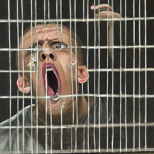 Image similar to a screaming prisoner holding prison bars, realism old painting