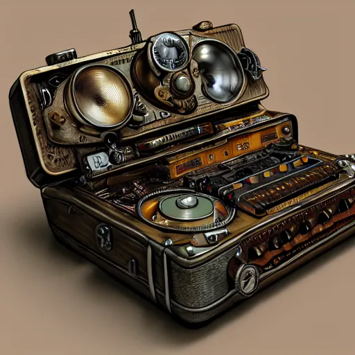 Image similar to steampunk tape recorder, fisheye, digital art, 8k, fine details, trending on artstation