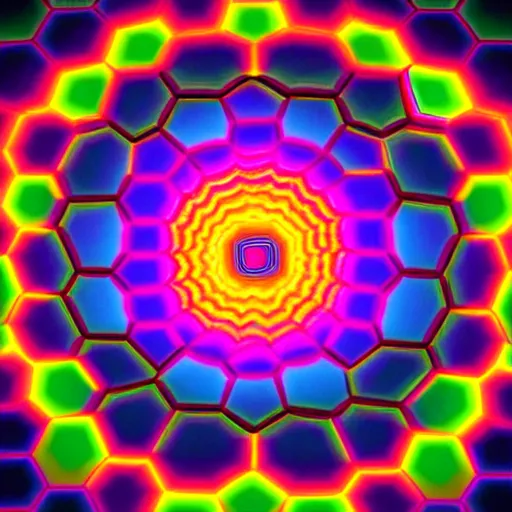 Prompt: hexagons tessellated in rainbow color spectrum spiral towards the center with multicolored swirls of fire and smoke, optical illusion, digital art, by max chroma on artstation