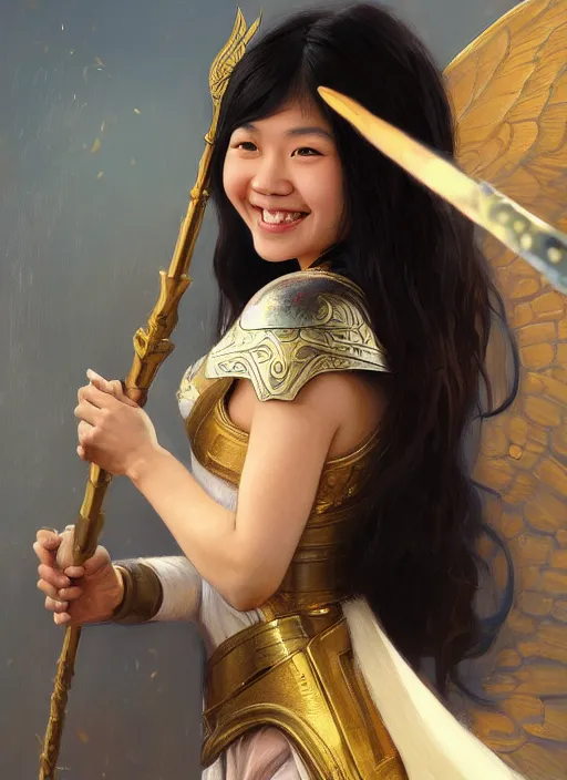 Image similar to Close-up portrait of smiling young asian woman wearing a winged helmet and a robe, holding a magic staff, portrait, highly detailed, digital painting, artstation, concept art, sharp focus, illustration, art by artgerm and greg rutkowski and alphonse mucha