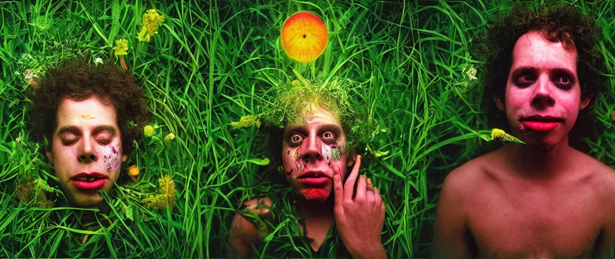 Image similar to award winning photo of a todd solondz charles thompson iv eating magic mushrooms and becoming nature, sad and happy, crying and smiling franticly, vivid colors, happy, symmetrical face, beautiful eyes, studio lighting, wide shot art by sally mann & arnold newman