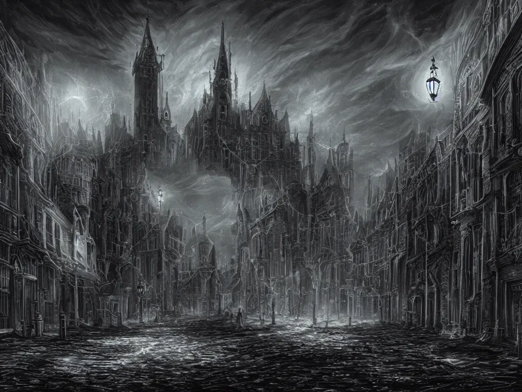 Image similar to An 18th century (lovecraftian) gothic city at night with a star filled sky. Greasy luminescent cables are emerging from cracks on the ground. Highly detailed, digital painting, gloomy, concept art, low angle shot, super wide shot, ((fish eye)), 4k.