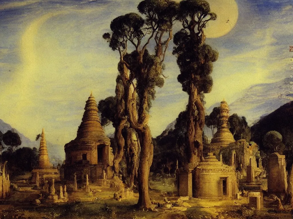 Prompt: Buddhist ruins, stupa surrounded by the panthers at night. Starry sky, cypresses in the wind. Birds. Painting by Arnold Bocklin, Turner.