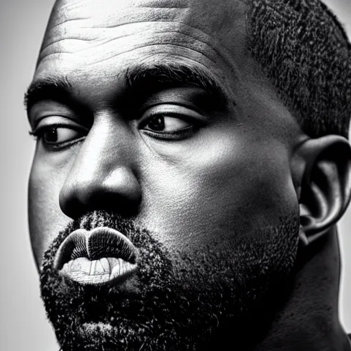 Prompt: the face of kanye west wearing yeezy clothing at 4 0 years old, portrait by julia cameron, chiaroscuro lighting, shallow depth of field, 8 0 mm, f 1. 8