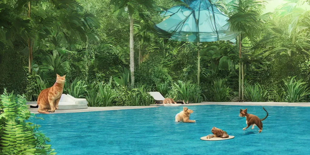 Image similar to swimming pool in the middle of the jungle a cat and a dog playing around , beach chair , octane render