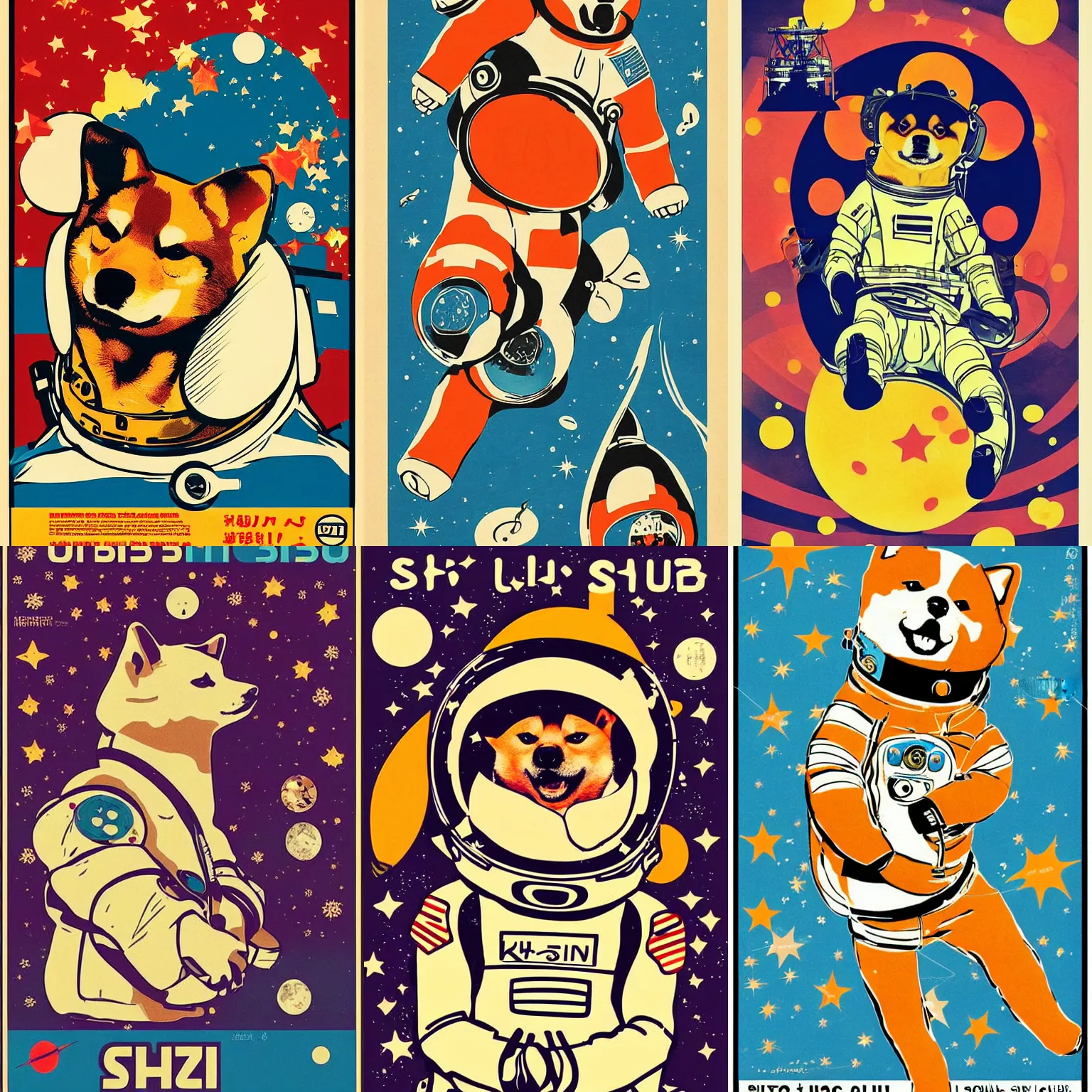 Image similar to Shiba Inu cosmonaut, 60s poster, in the style of a music poster 1968