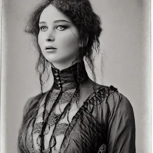 Prompt: victorian photograph of grace jennifer lawrence, lilly collins, 1 8 9 0 s photography, 1 9 0 0, realistic face, symmetrical face, studio photograph, grainy, edwardian, old photo