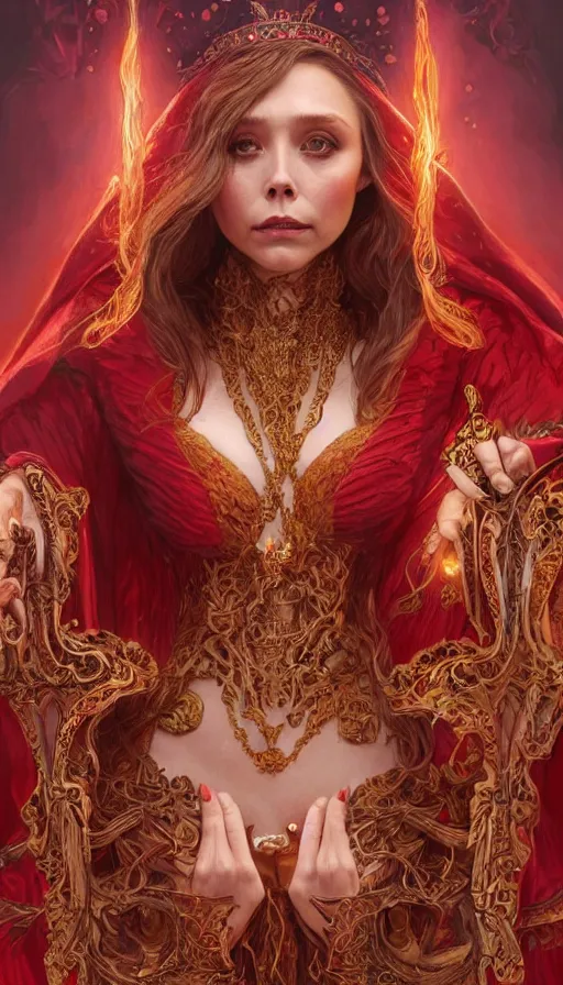 Prompt: Elizabeth Olsen as a sorceress , passionate , seductive, sweaty, intricate dressed in ornate red robes and staff, insane, intricate, highly detailed, digital painting, artstation, concept art, smooth, sharp focus, illustration, Unreal Engine 5, 8K, art by artgerm and greg rutkowski and alphonse mucha