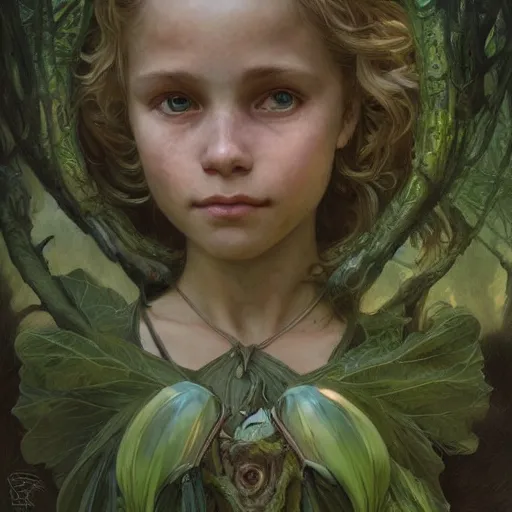 Image similar to portrait painting of green children of woolpit, ultra realistic, concept art, intricate details, eerie, highly detailed, photorealistic, octane render, 8 k, unreal engine. art by artgerm and greg rutkowski and alphonse mucha