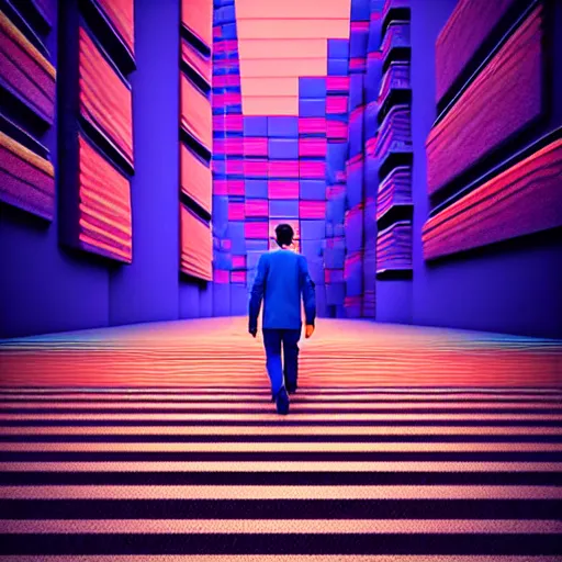 Image similar to photo - realistic, painting of a man walking alone in the boulevard of psychedelic dreams, trippy stairs in the background, hyper detail, sharp, in the style of beeple, mobeius, rule of thirds, unreal engine