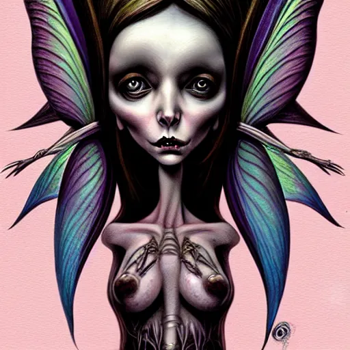 Prompt: a beautiful fairy girl inspired by giger in the style of brom art