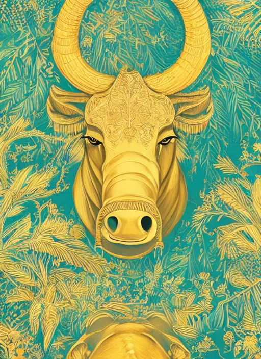 Prompt: golden paper + an intricate ox depiction + elaborate illustration, very detailed, deviantart, 8 k vertical wallpaper, tropical, colorful, airy, illustration, nature