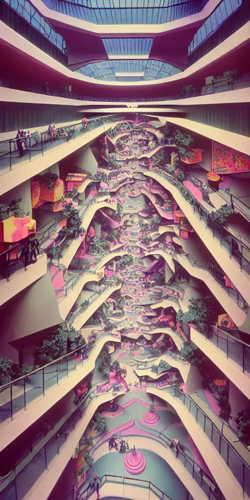 Image similar to huge sprawling gargantuan angular dimension of infinite indoor landscape 8 0 s mall interior. surrealism, mallsoft, vaporwave. muted colors, 8 0 s pop culture, food court, shot from above, endless, never - ending epic scale by escher and ricardo bofill