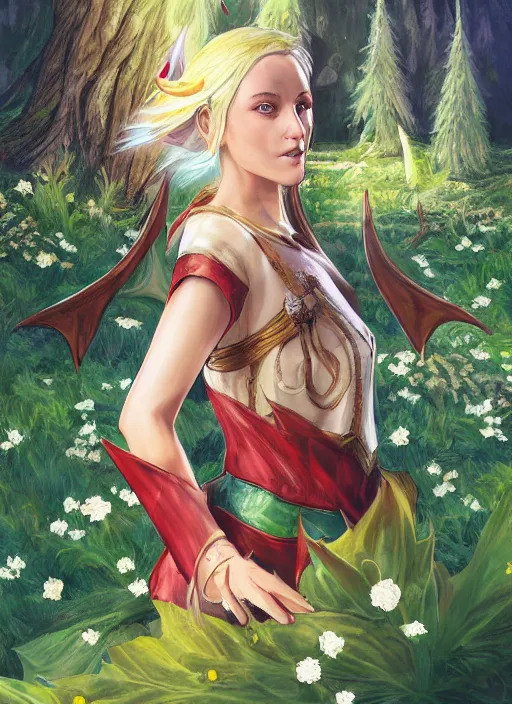 Image similar to A fantasy comic book roleplaying game style portrait painting of Maika Monroe as a elf in a mountain meadow sanctuary, DAZ, hyperrealistic, ambient light, dynamic light