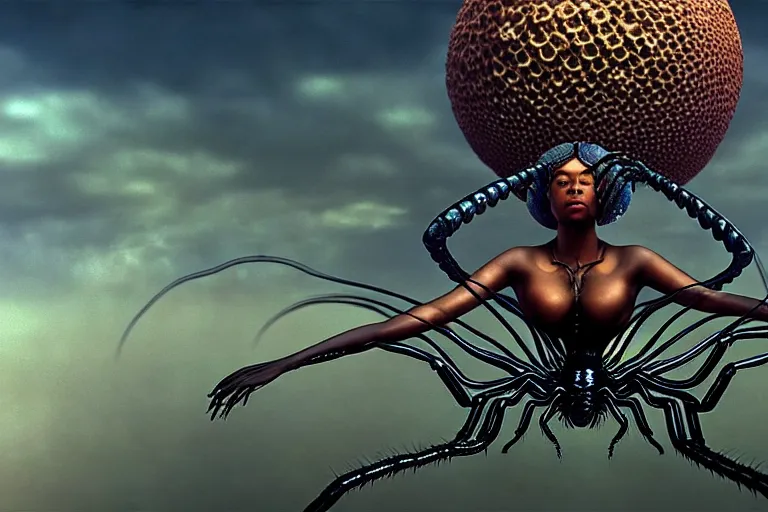 Image similar to realistic detailed photorealistic closeup portrait movie shot of a beautiful black woman riding a giant spider, dystopian city landscape background by denis villeneuve, amano, yves tanguy, alphonse mucha, ernst haeckel, jean delville, david lynch, edward robert hughes, roger dean, cyber necklace, rich moody colours, cyber patterns, wide angle