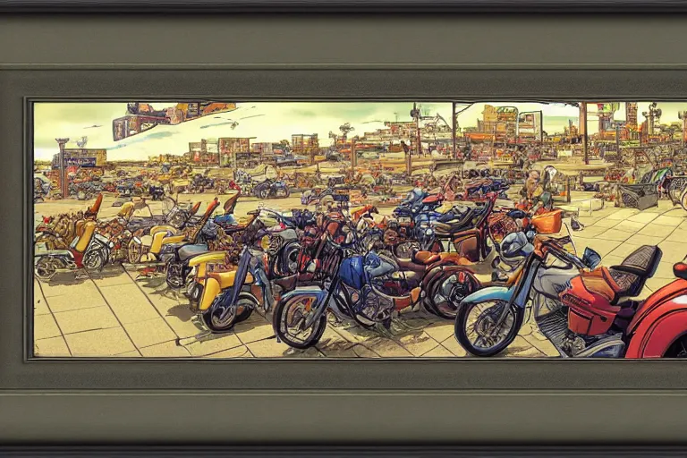 Prompt: harley davidson in front of a quiet town by satoshi kon, panoramic view, pastel colors