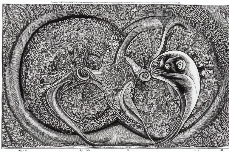 Prompt: an ornate illustration in the styles of mandalas and fractals, the styles of escher and penrose, depicting a weasel staring deep into the heart of the impossible all - and - nothing of the emerging singularity ; / what has god wrought? / he seems to be whispering.