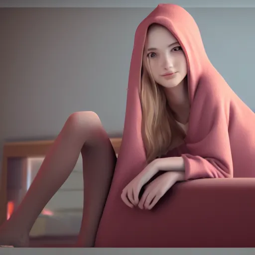 Image similar to 3 d render of a cute thin young woman, red blush, wearing casual clothes, small smile, relaxing on a couch, cuddling up under a blanket, cozy living room, medium shot, 8 k, octane render, trending on artstation, art by artgerm, unreal engine 5, hyperrealism, hyperdetailed, ultra realistic