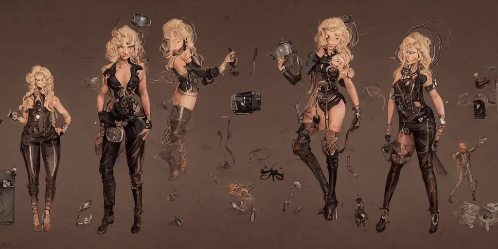 Image similar to steampunk britney spears, character sheet, concept design, contrast, kim jung gi, greg rutkowski, zabrocki, karlkka, jayison devadas, trending on artstation, 8 k, ultra wide angle, pincushion lens effect