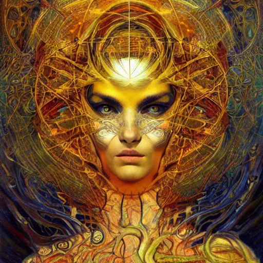 Image similar to Divine Chaos Engine by Karol Bak, Jean Deville, Gustav Klimt, and Vincent Van Gogh, beautiful visionary face portrait, sacred geometry, mystic eyes, otherworldly, fractal structures, ornate gilded medieval icon, third eye, spirals