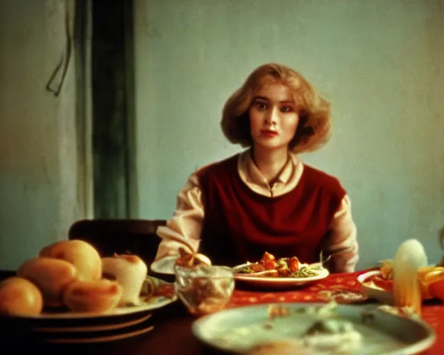 Image similar to 1 9 7 9 a soviet movie still a russian woman sitting at a table with a plate of food in dark warm light, a character portrait by nadya rusheva, featured on cg society, neo - fauvism, movie still, 8 k, fauvism, cinestill, bokeh