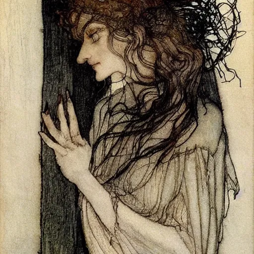 Prompt: by arthur rackham bleak. a kinetic sculpture beauty & mystery of the woman sitting before us. enigmatic smile & gaze invite us into her world, & we cannot help but be drawn in. soft features & delicate way she is dressed make her almost ethereal. landscape distance & mystery. what secrets this woman holds.