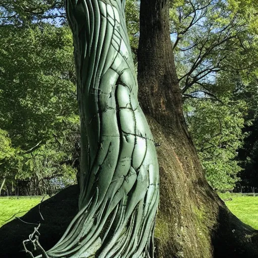 Image similar to A beautiful sculpture of a large, looming creature with a long, snake-like body. The creature has many large, sharp teeth, and its eyes glow a eerie green. It is wrapped around a large tree, which is bent and broken under the creature's weight. There is a small figure in the foreground, clutching a sword, which is dwarfed by the size of the creature. dark violet, octane 3d by Janine Antoni, by Arthur Hughes neat, playful